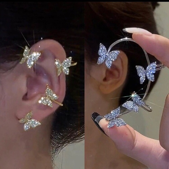 Butterfly Cuff Clip On Rhinestone No Piercing Earring set of 2 - Picture 3 of 3
